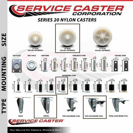 Service Caster 4'' Nylon Wheel Swivel 1-1/2'' Expanding Stem Caster Set 2 Brakes, 4PK SCC-EX20S414-NYS-2-PLB-2-112